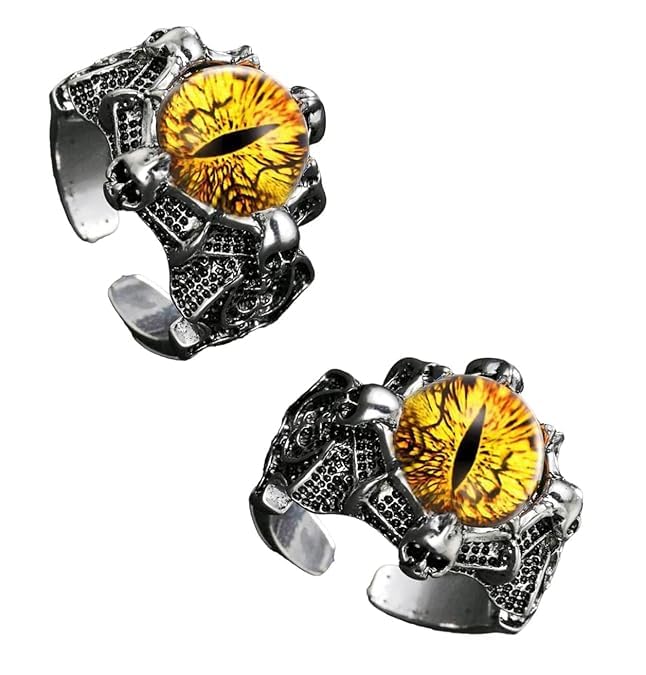 National (Pack Of 2 Pcs Unisex Stainless Steel Adjustable/Openable Funky Yellow Crystal Glasses 3d Devil/Dragon Demons Evil Eye Thumb Finger Ring (Free Size) - Image 2