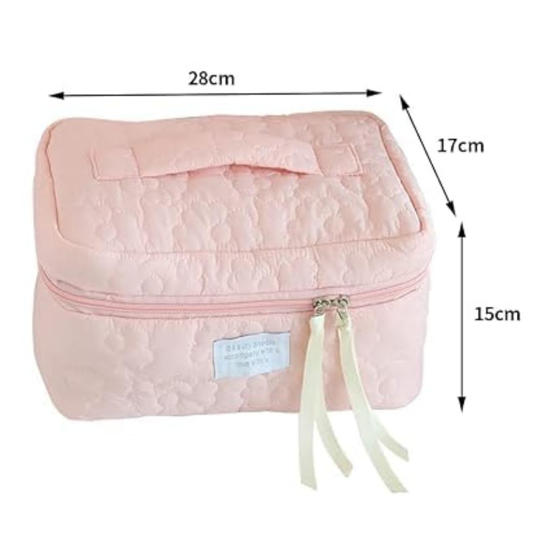 Sprqcart Quilted Cotton Makeup Bag for Women – Large Capacity Travel Cosmetic Organizer with Zipper – Cute Floral Toiletry Pouch – Handheld Portable Multifunctional Storage Purse - Image 4