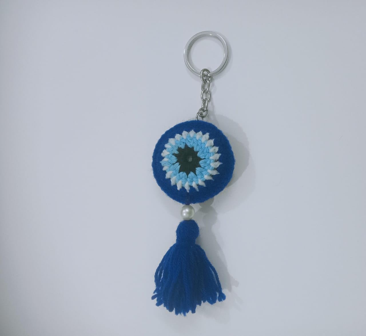 NeelamCrochet's Handmade Evileye keyring | Lightwight keyring made of cotton thread | Blue & White colour - Image 2