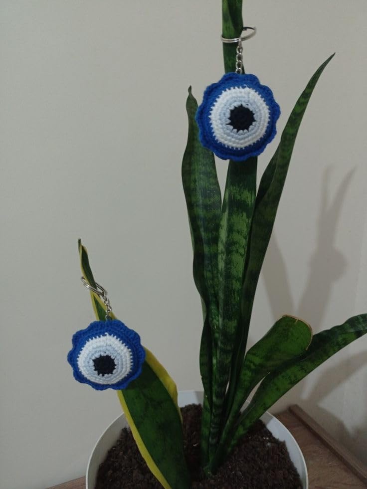 Handmade Evil Eye Crochet Keychain pack of 1, Blue and White, Traditional Design, - Image 3