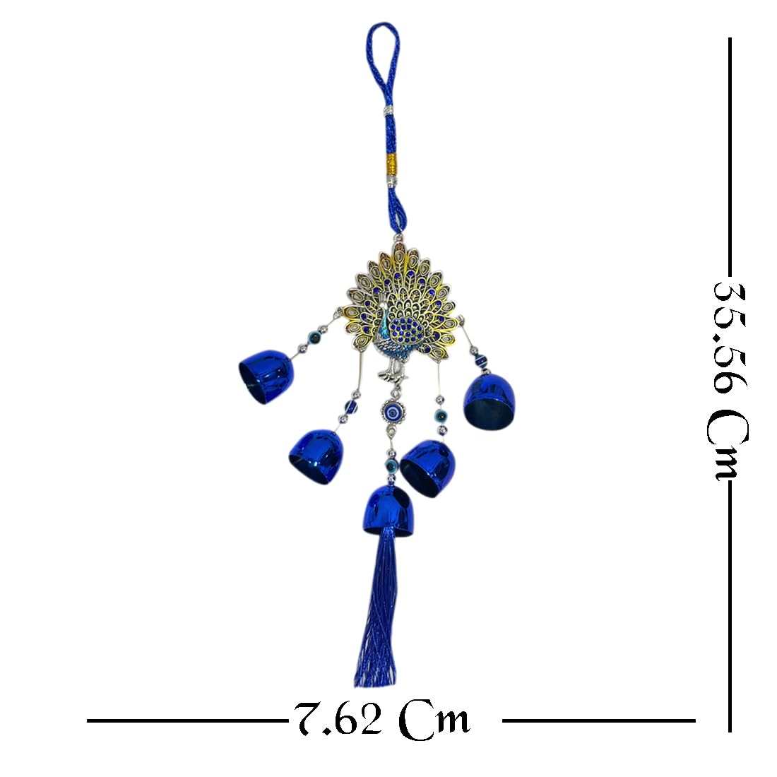 Peacock Decorative Wall Hanging with Blue Tassels and Bells - Evil Eye Protection, Metal Craft Home Decor for Positive Energy and Aesthetic Vibes, 12-Inch Handmade Ornament for Gifting - Image 3