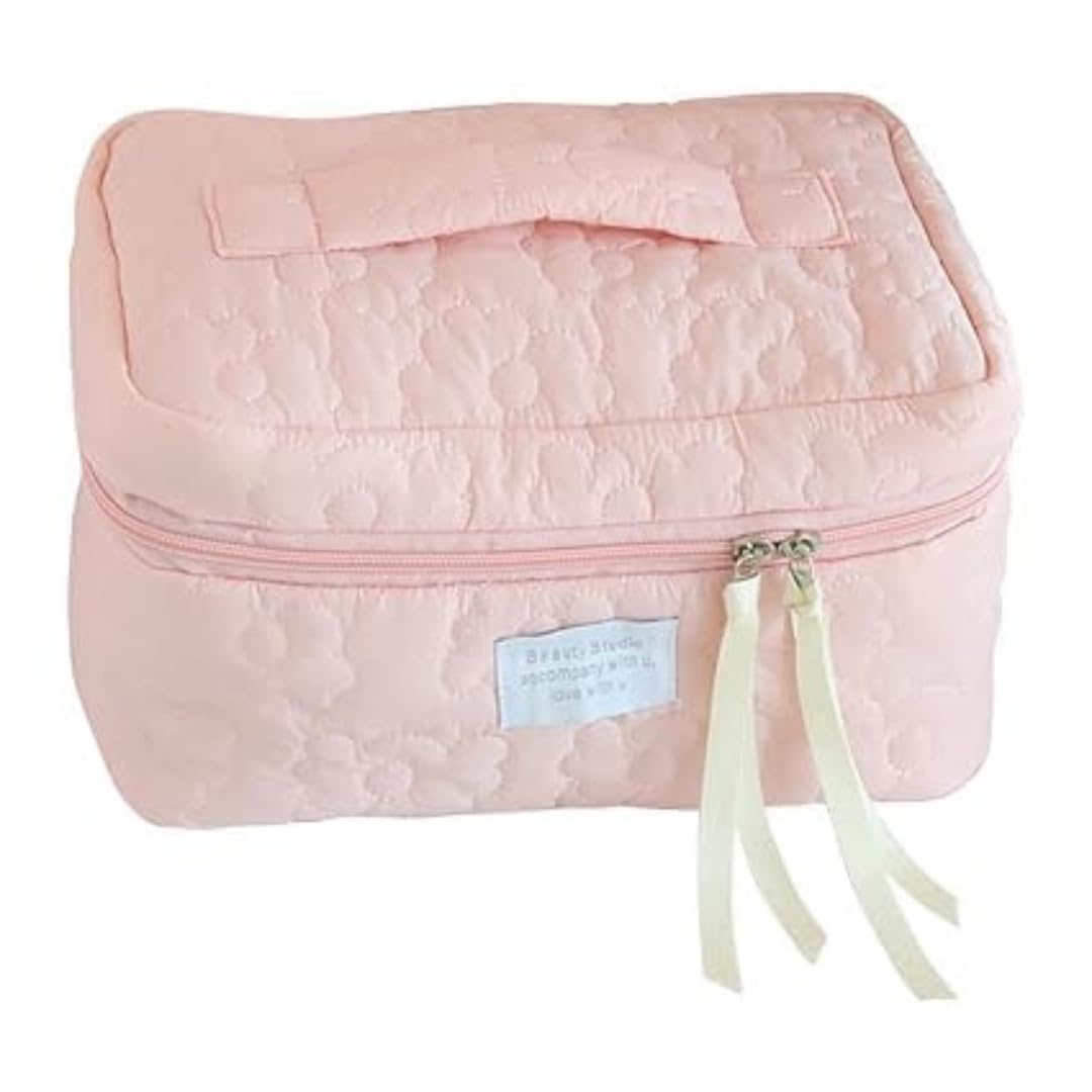 Sprqcart Quilted Cotton Makeup Bag for Women – Large Capacity Travel Cosmetic Organizer with Zipper – Cute Floral Toiletry Pouch – Handheld Portable Multifunctional Storage Purse - Image 2