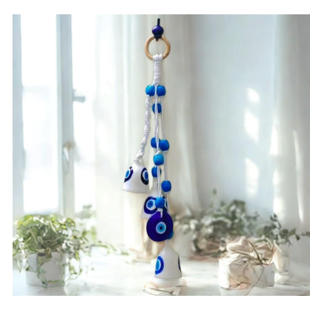 Shopping Shots Macrame Symphony Chimes | 3 Evil Eye (mini) Bells (Height 3 inches) & 1 Glass Made Evil Eye Pendant Hand Knitted with Macrame Threads and Colorful Beads. Ceramic Hook Included - Image 4