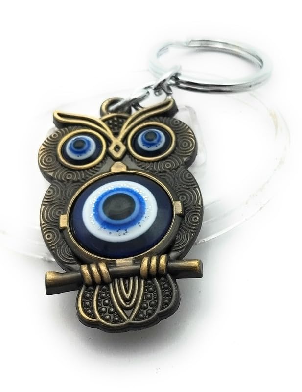 Owl with Evil Eye Good Luck Metal Keychain with Keyring for Home Office Car Bike Men Women Boys Girls (Bronze and Blue) - Image 4