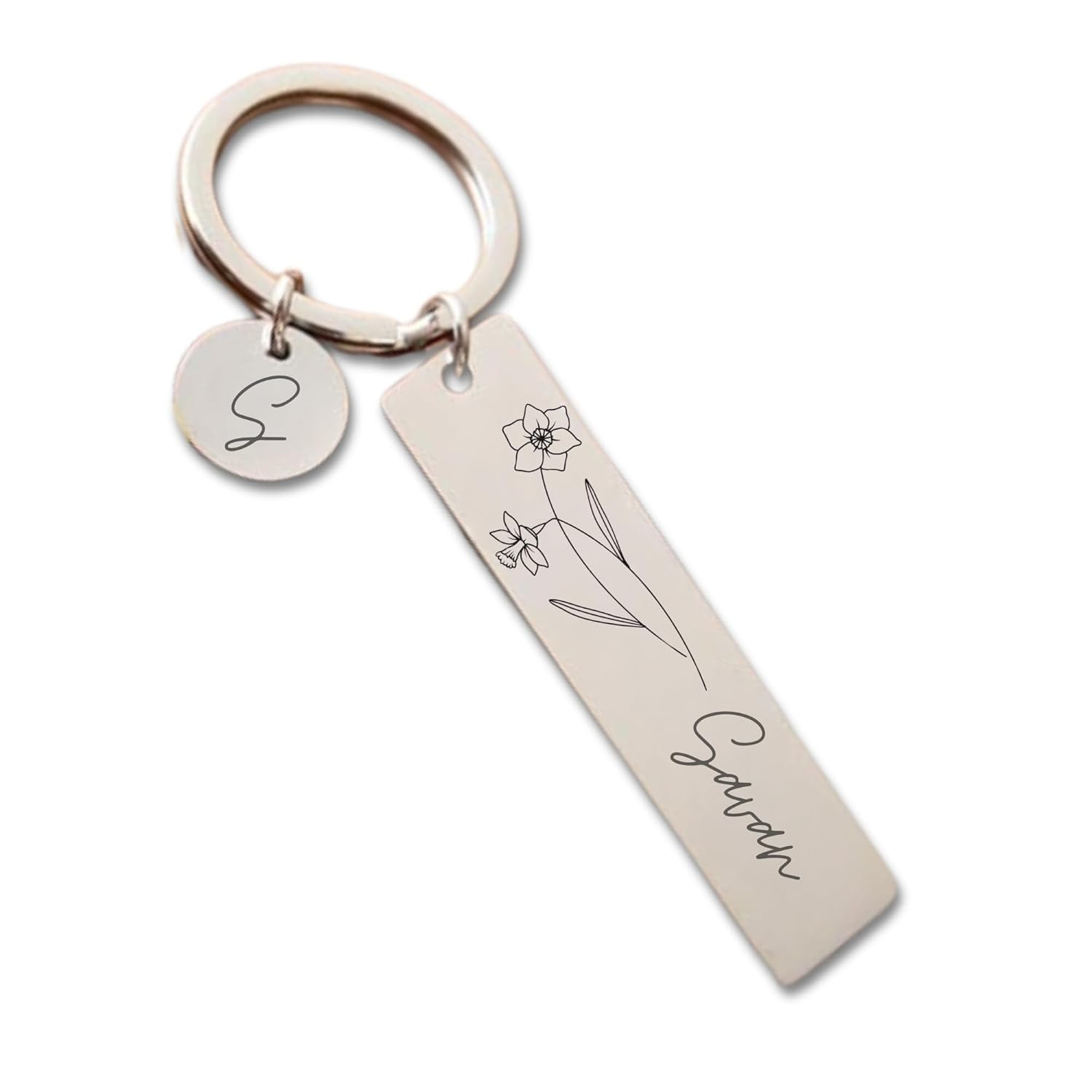 Pijera Personalized Double-Sided Stainless Steel Keychain, Custom Name and Birth Flower Engraving, Initial Charm, Silver - Image 2