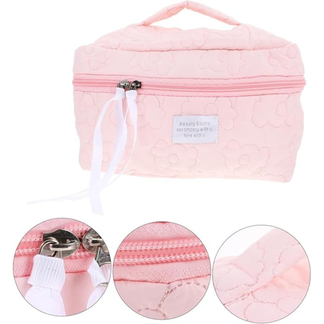 Sprqcart Quilted Cotton Makeup Bag for Women – Large Capacity Travel Cosmetic Organizer with Zipper – Cute Floral Toiletry Pouch – Handheld Portable Multifunctional Storage Purse - Image 7