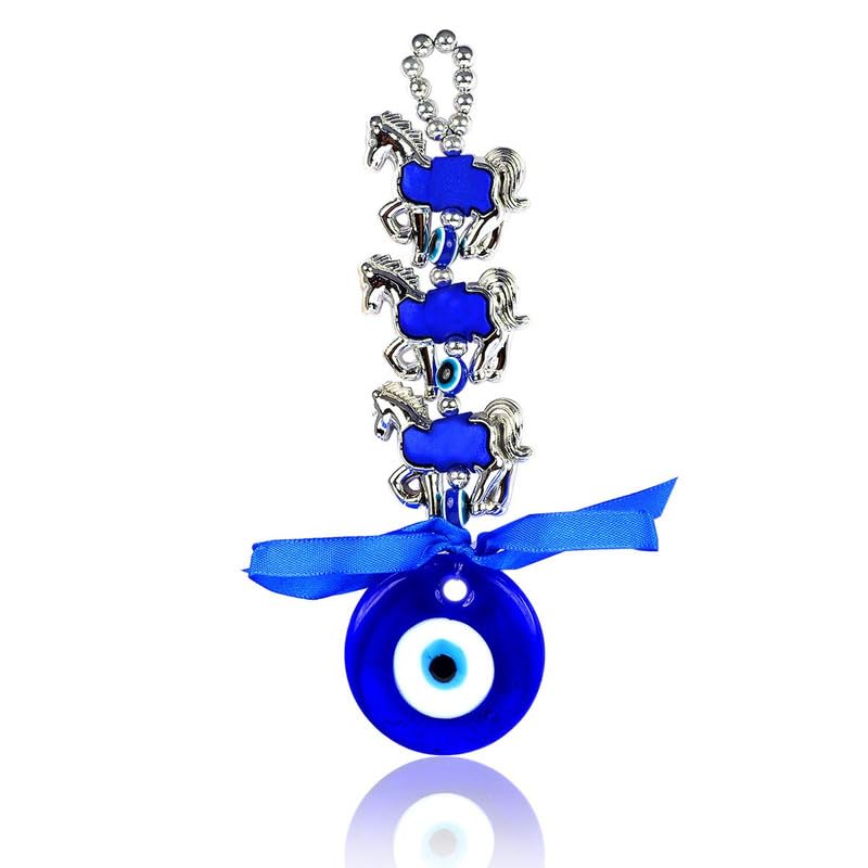 Blue Turkish Evil Eye Hanging for Home Entrance Wall, Door, Car Mirror Hanging Protection, Prosperity, & Luck, Evil Eye Set of 1 Gift Item (3 Horse Silver) - Image 2