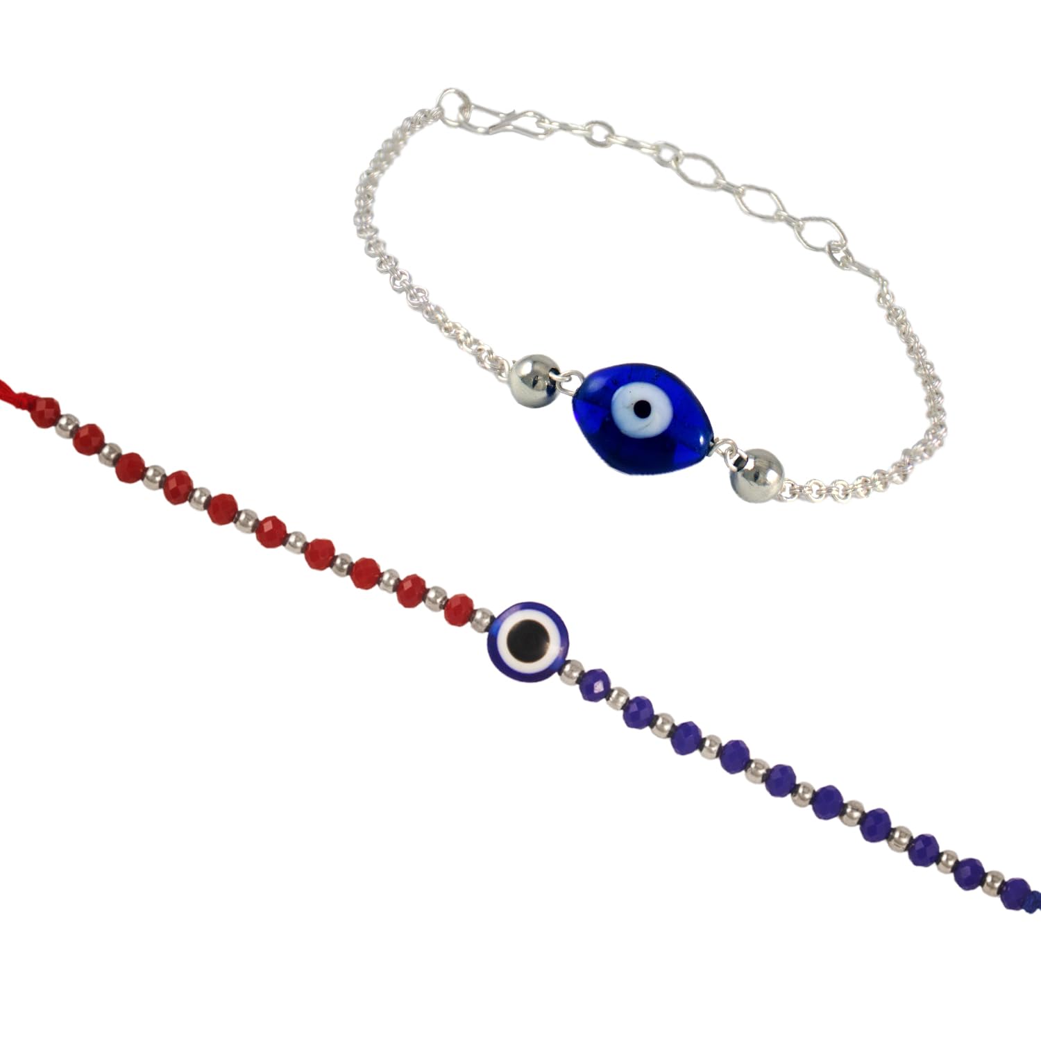 JFL - Jewellery for Less Combo of Handcrafted Evil Eye Unisex Rakhi with Silver and Blue Beaded Design for Bhaiya Bhabhi with Roli Chawal and Written Greeting Note. - Image 5