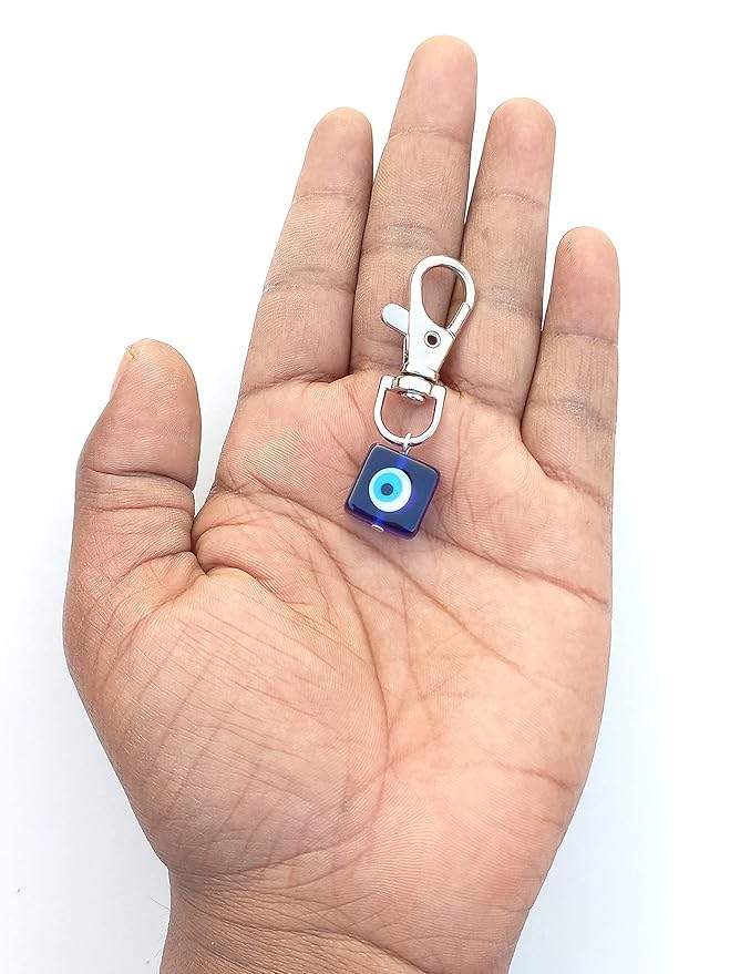 SHILPMART Evil Eye Glass Keychain, Blue Square Pendant with Silver Clasp, Lucky Charm - Image 6