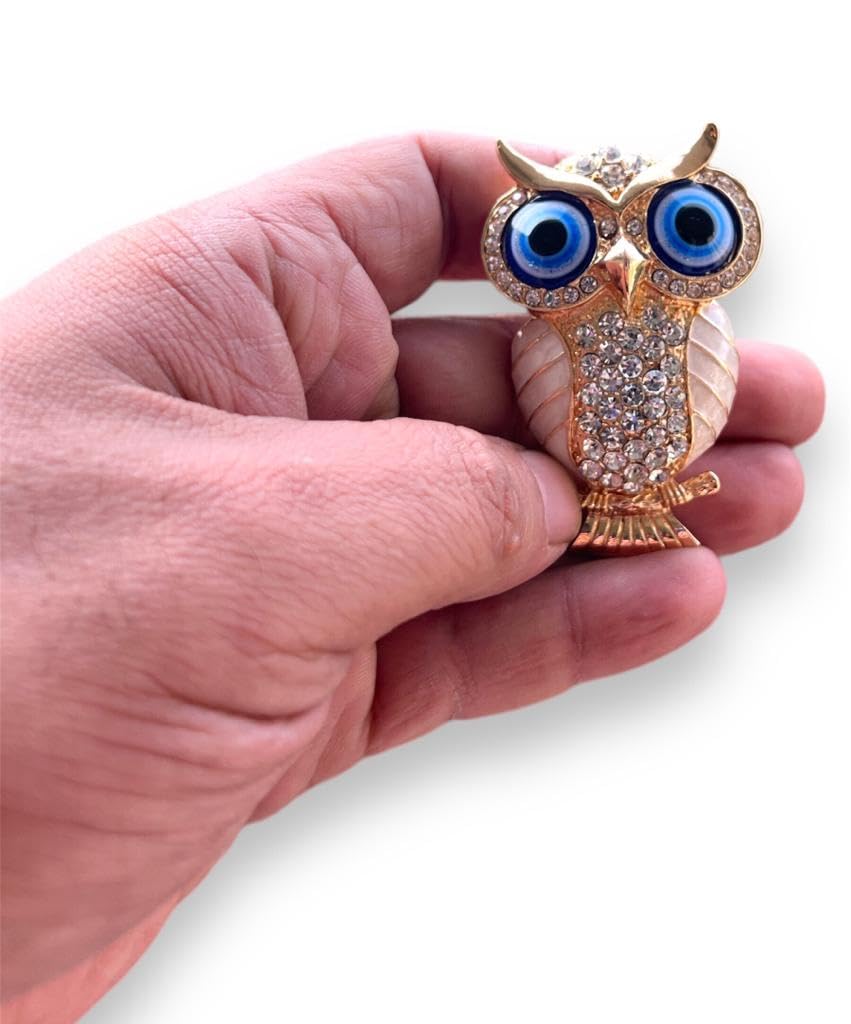 BLUE BEADS Combo Gold with Evil Eye Crystal Rhinestone Sparkling Owl Fridge Magnet and Keychain Handbag Charm For Women (White) - Image 3