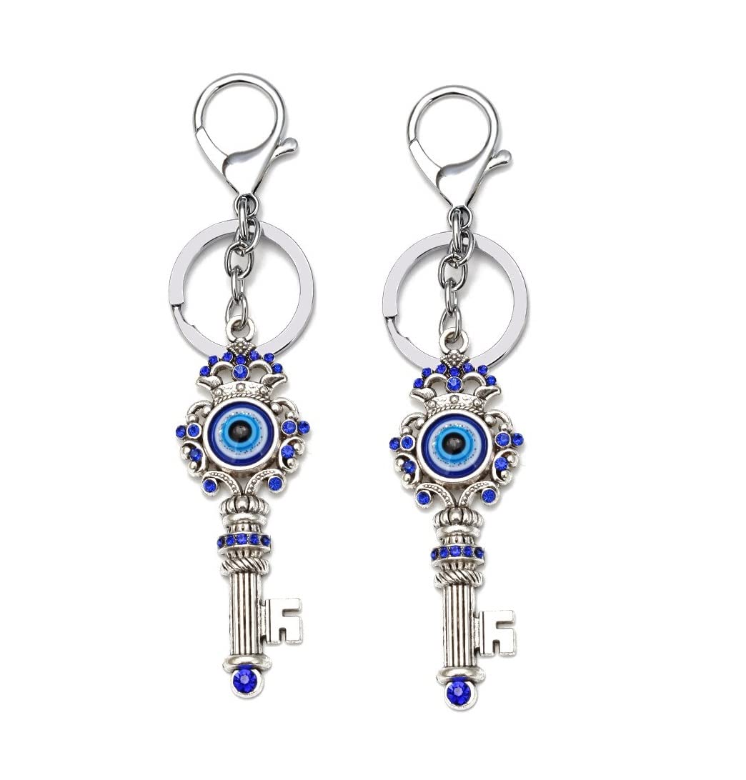 BLUE BEADS Combo Blue and Silver Evil Eye with Key Shape Keychain For Bike/Car Gifting With Key Ring Anti-Rust (Pack Of 2) - Image 2