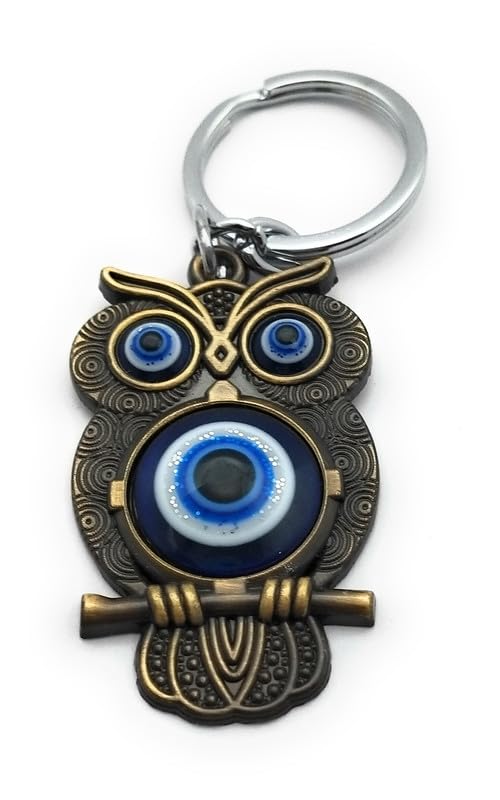 Owl with Evil Eye Good Luck Metal Keychain with Keyring for Home Office Car Bike Men Women Boys Girls (Bronze and Blue) - Image 5