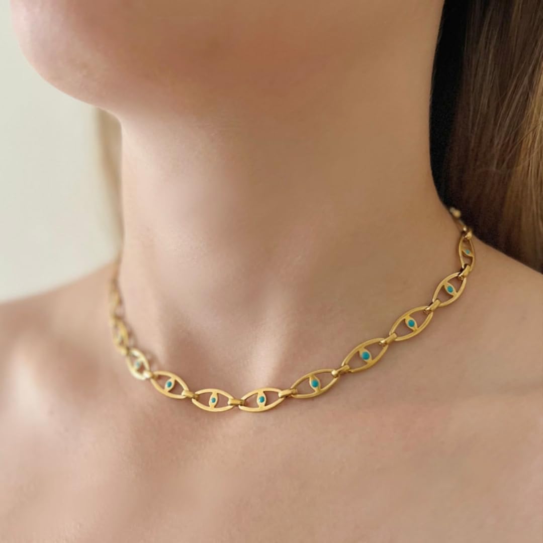 9STONE Evil Eye Choker Chain for Women | Anti Tarnish | Waterproof | Hypoallergenic | Sweatproof | 18k Gold-Plated | Size: Adjustable - Image 6