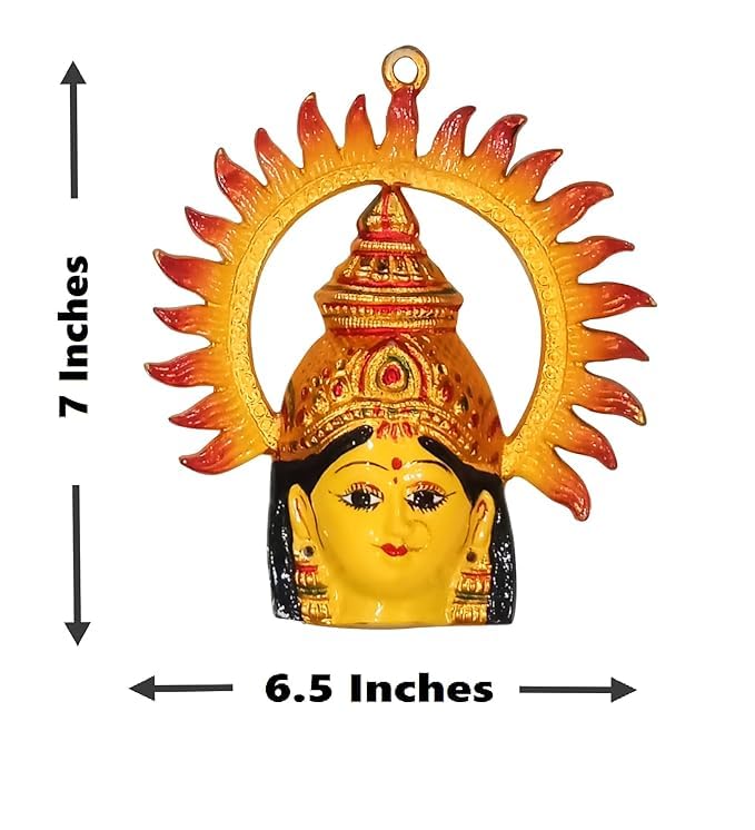 PE - Varalaxmi Maata Face with Chakra Nazar Battu Evil Eye Protector Vastu Wall Hanging Decor for Home, Shop Antique Metal Hand Painted 18 CM - Image 3