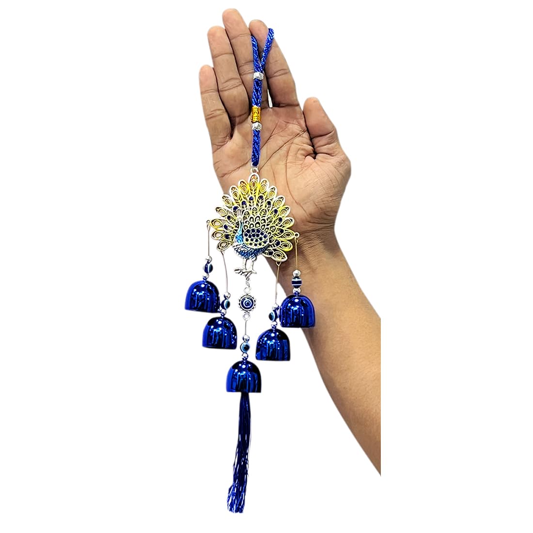 Peacock Decorative Wall Hanging with Blue Tassels and Bells - Evil Eye Protection, Metal Craft Home Decor for Positive Energy and Aesthetic Vibes, 12-Inch Handmade Ornament for Gifting - Image 2