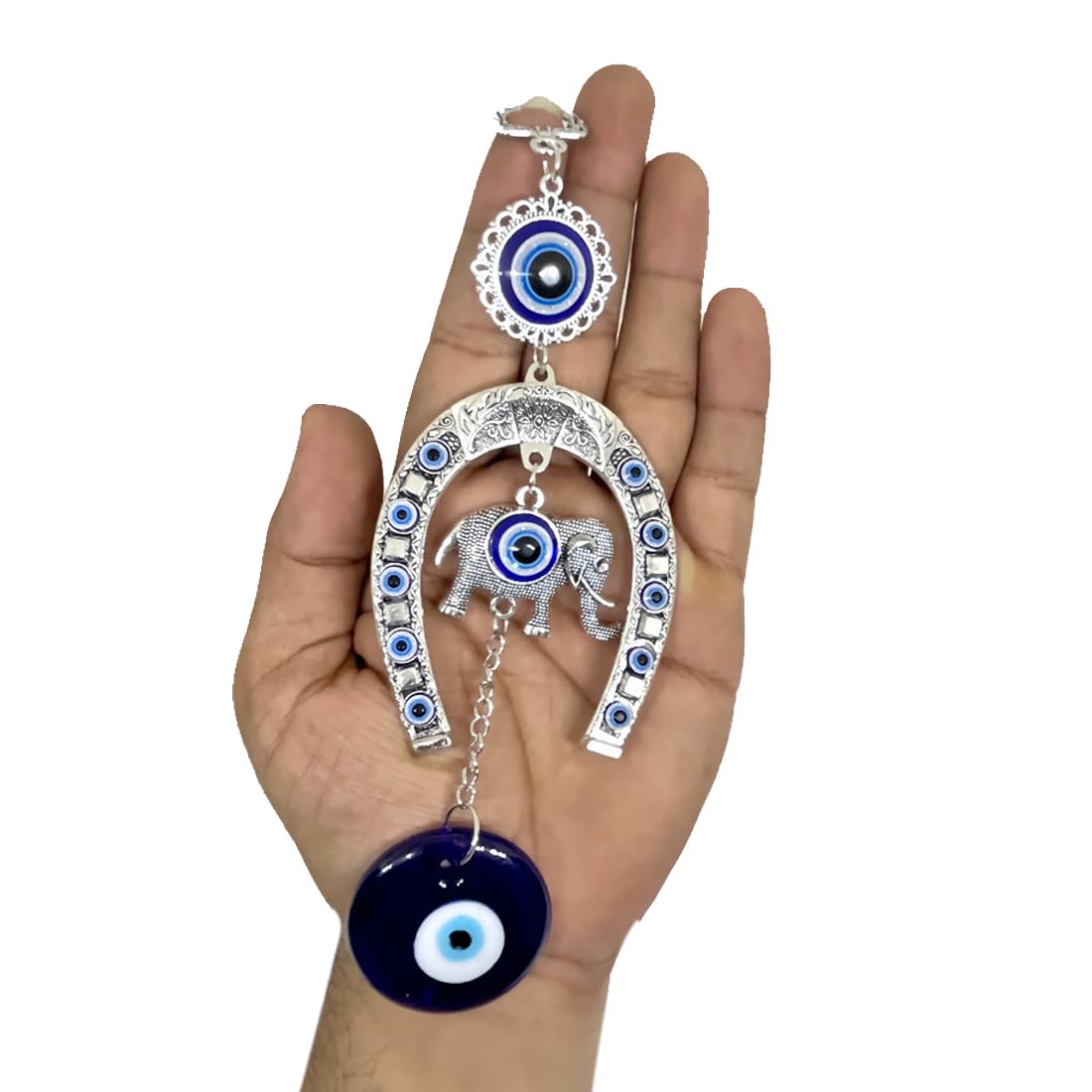 DT DECTONE Stainless Steel Evil Eye Hanging for Home Main Door Entrance, House Door Decoration, Horseshoe with Elephant Nazar Battu for Home Protection, Prosperity at Office and Home, Blue - Image 2