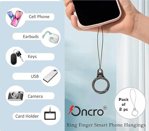 ONCRO® Strong Glossy Pack of 2 Universal 2 in 1 Mobile Phone Finger Ring Stand Kickstand Holder Strap Flexible Lanyard Alloy Charm Multifunctional with Rhinestone for Phone Case, Cell Phone, USB, Keys - Image 5