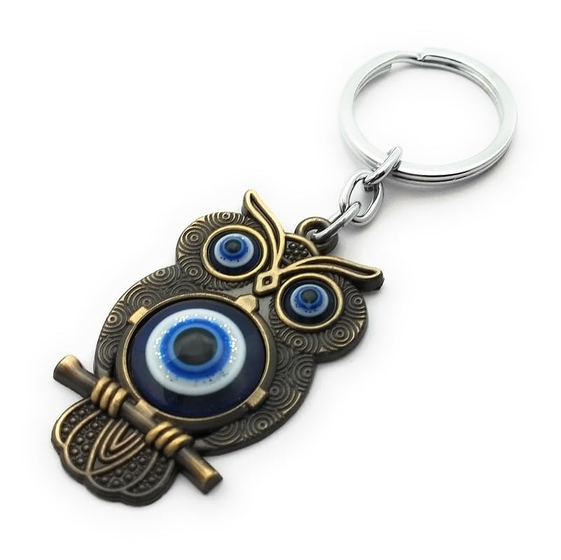 Owl with Evil Eye Good Luck Metal Keychain with Keyring for Home Office Car Bike Men Women Boys Girls (Bronze and Blue) - Image 3
