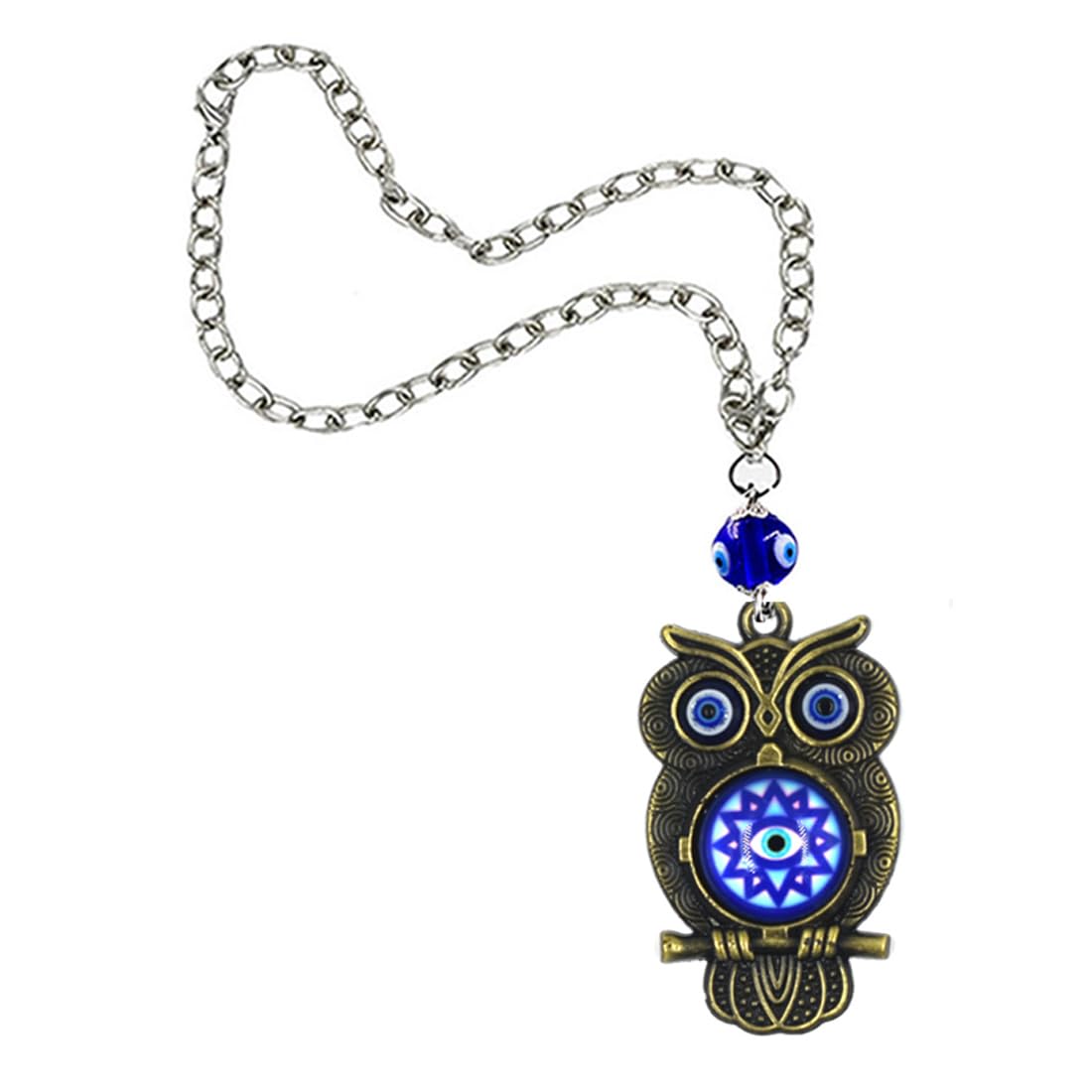 AFH Nazar Suraksha Bronze Lucky Owl Blue Evil Eye Car Mirror Charm Decorative Hanging Ornament Dream Catcher Positive Vibes Balcony, Gift, Vehicle, Wind Chimes - Image 2