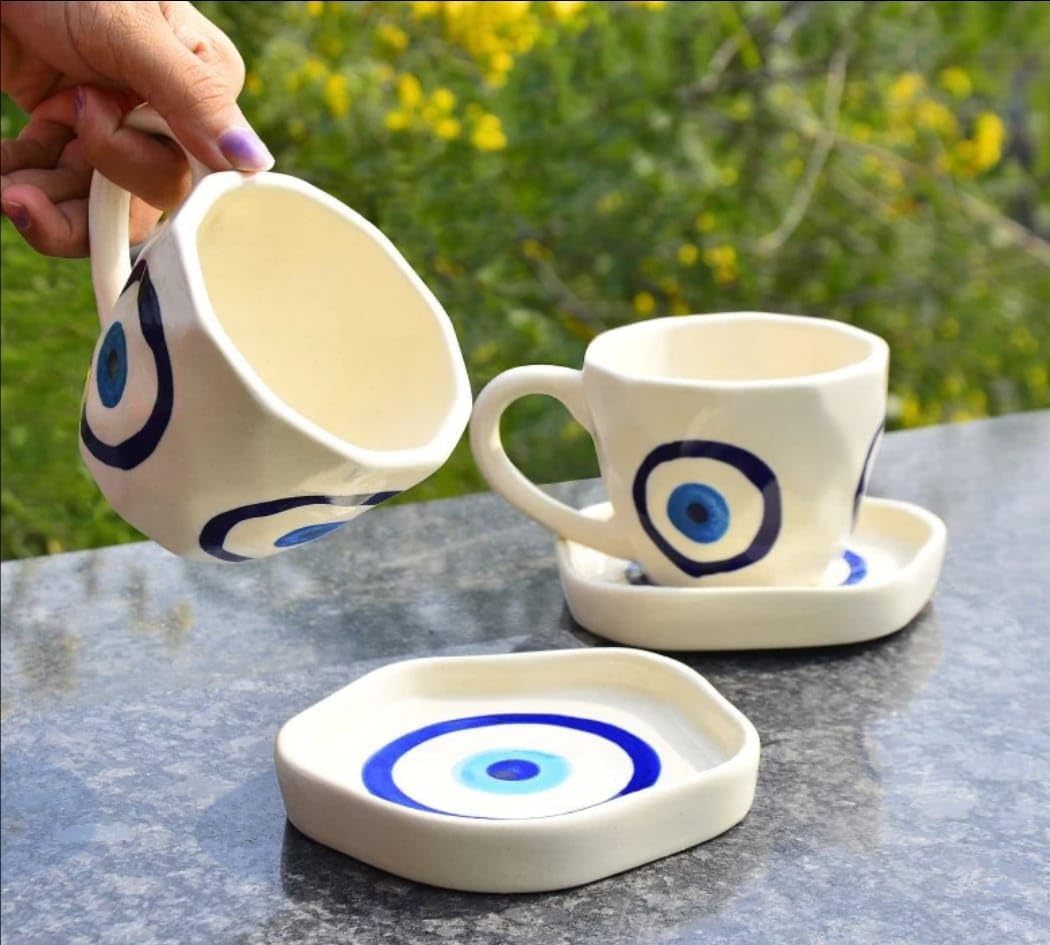 THE INDIAN HOME Ceramic Evil Eye Print Tea/Coffee Mug | Tea/Coffee Heart Cup and Saucer Set | Microwave Safe | Gift Valentine Day Birthday - Image 6