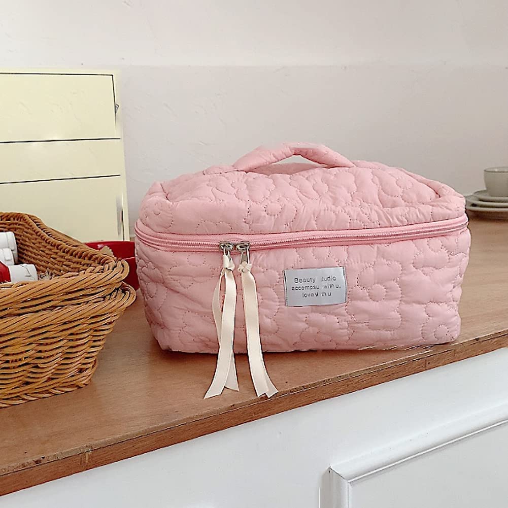 Sprqcart Quilted Cotton Makeup Bag for Women – Large Capacity Travel Cosmetic Organizer with Zipper – Cute Floral Toiletry Pouch – Handheld Portable Multifunctional Storage Purse - Image 6