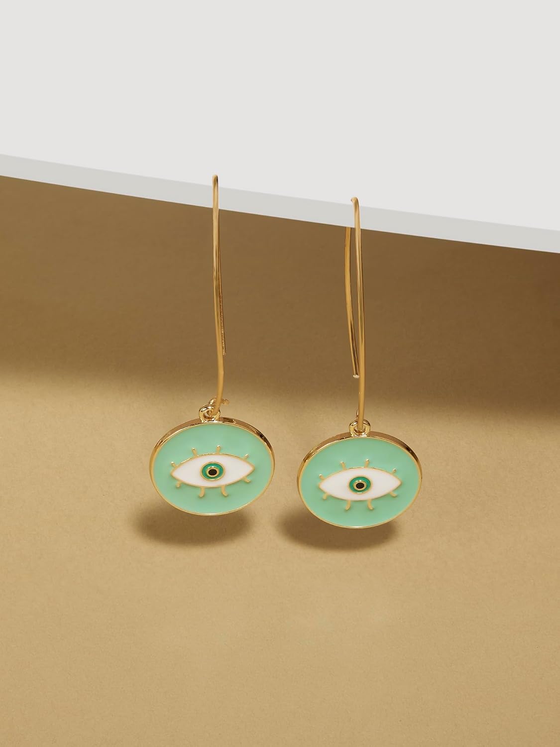 Zaveri Pearls Mint Green & White Enamelled Evil Eye Round Shape Contemporary Drop Earring For Women-ZPFK16810 - Image 3