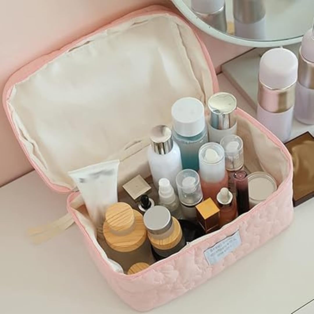 Sprqcart Quilted Cotton Makeup Bag for Women – Large Capacity Travel Cosmetic Organizer with Zipper – Cute Floral Toiletry Pouch – Handheld Portable Multifunctional Storage Purse - Image 5