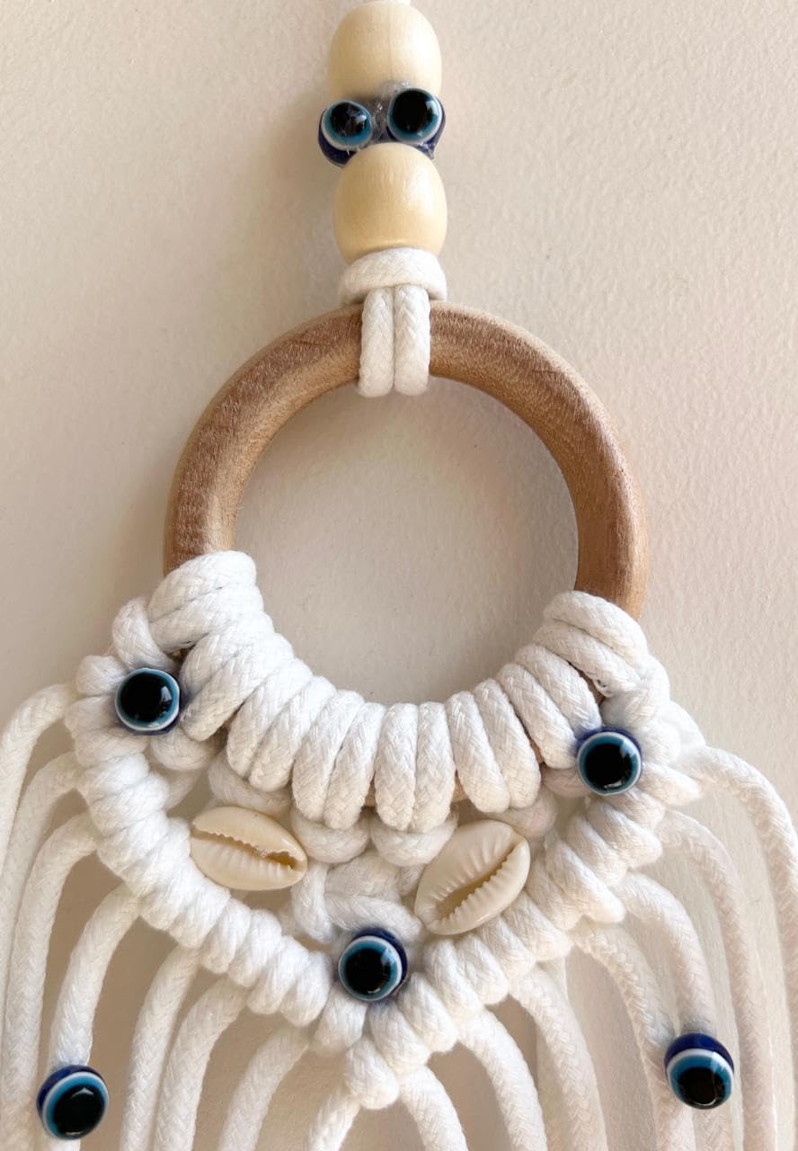 MONGA CREATIONS Turkish Evil Eye Macrame Wall Hanging, Handmade Woven Mystic Dream Catcher, White with Blue Beads, Home Decor Charm - Image 3