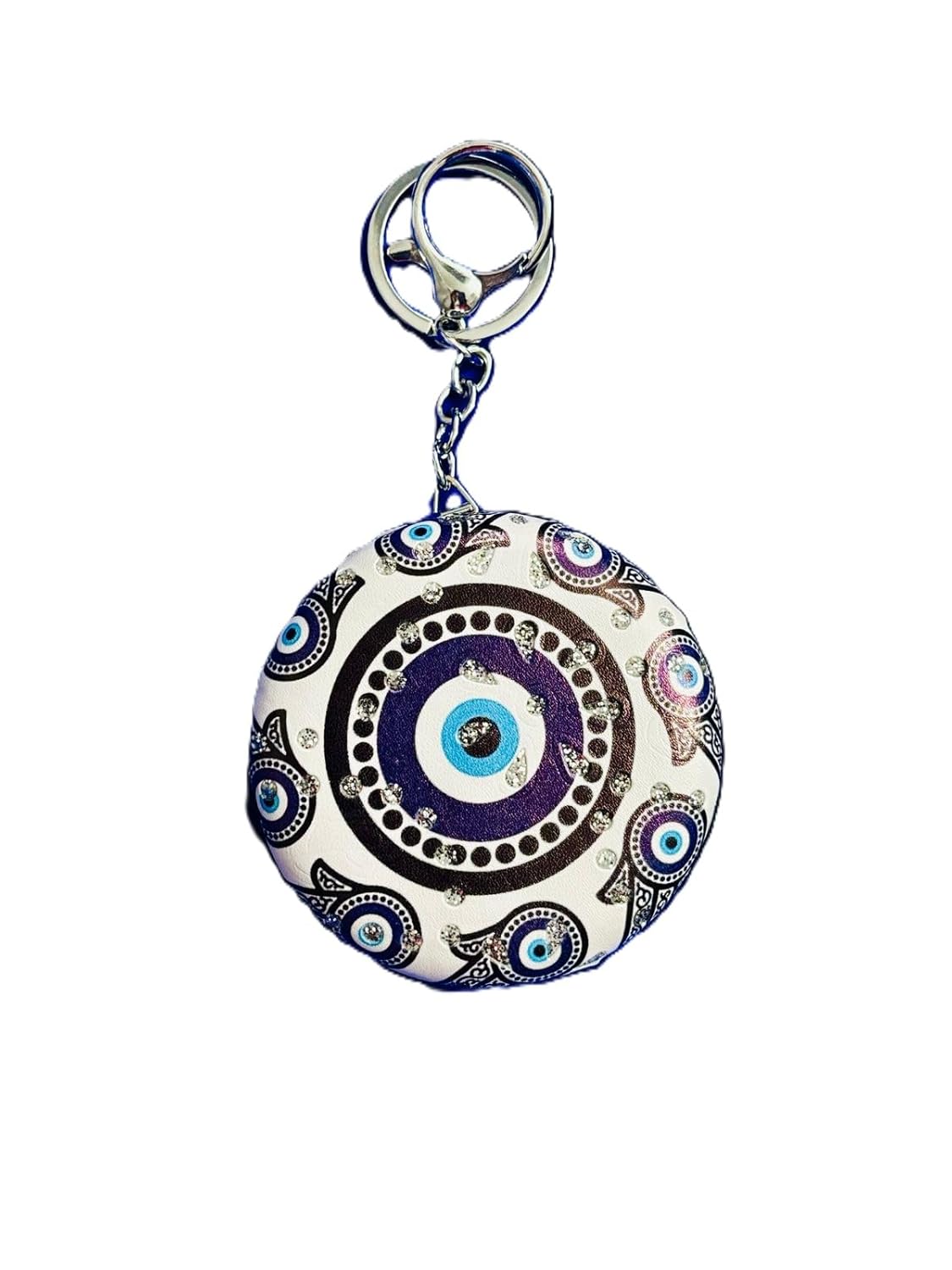 Savikaa Bliss Evil Eye Compact Mirror Keychain with foldable mirror, White and Blue Pattern, Decorative Protection Charm for daily use. - Image 2