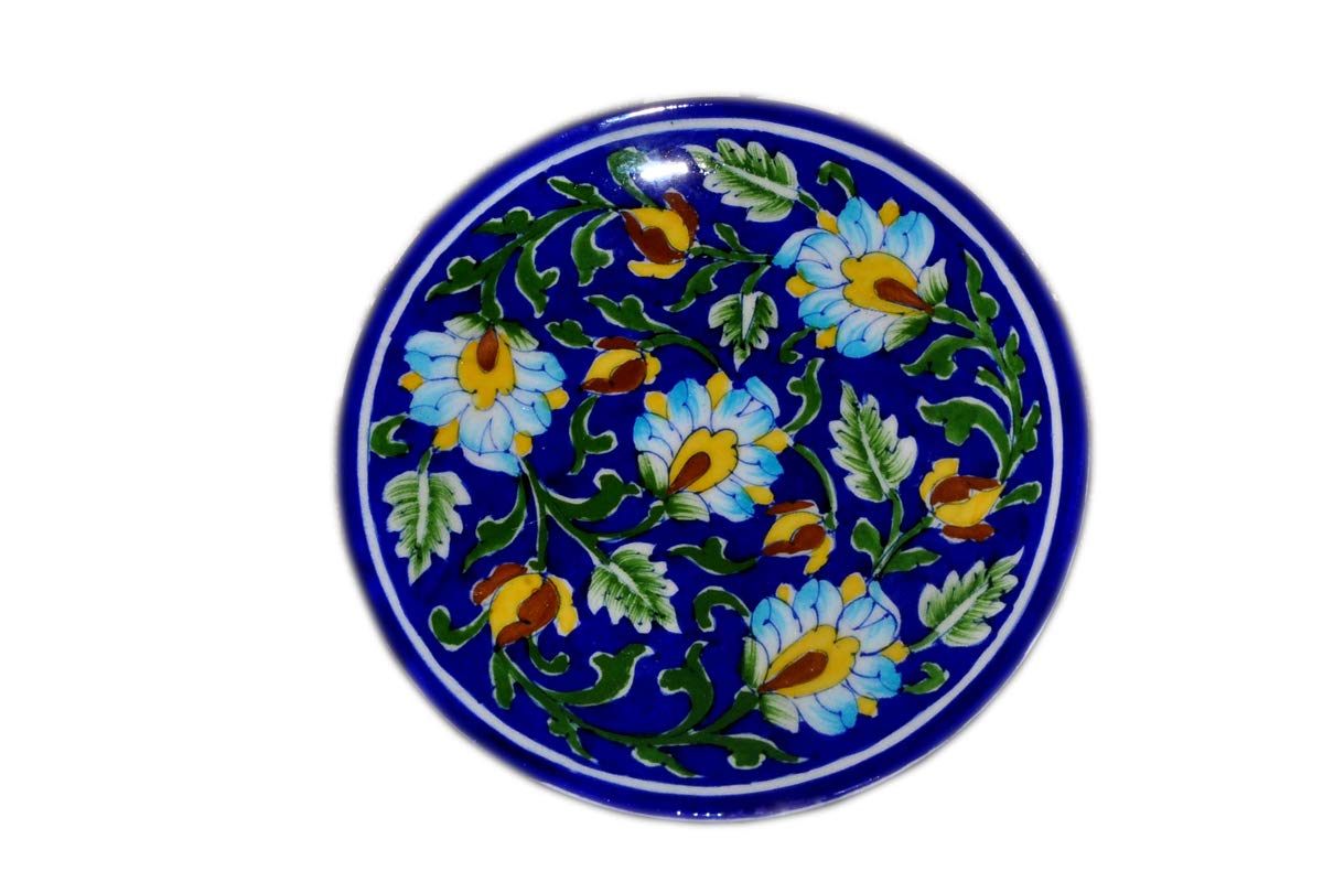 Shiv KRIPA Blue Art Pottery Ceramic Wall Hanging Handmade 7 Inch Round Plate (Blue & Multi) - Image 2