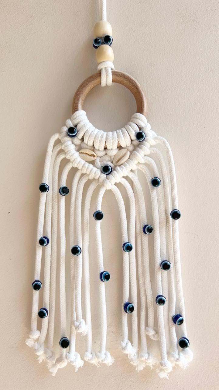 MONGA CREATIONS Turkish Evil Eye Macrame Wall Hanging, Handmade Woven Mystic Dream Catcher, White with Blue Beads, Home Decor Charm - Image 2