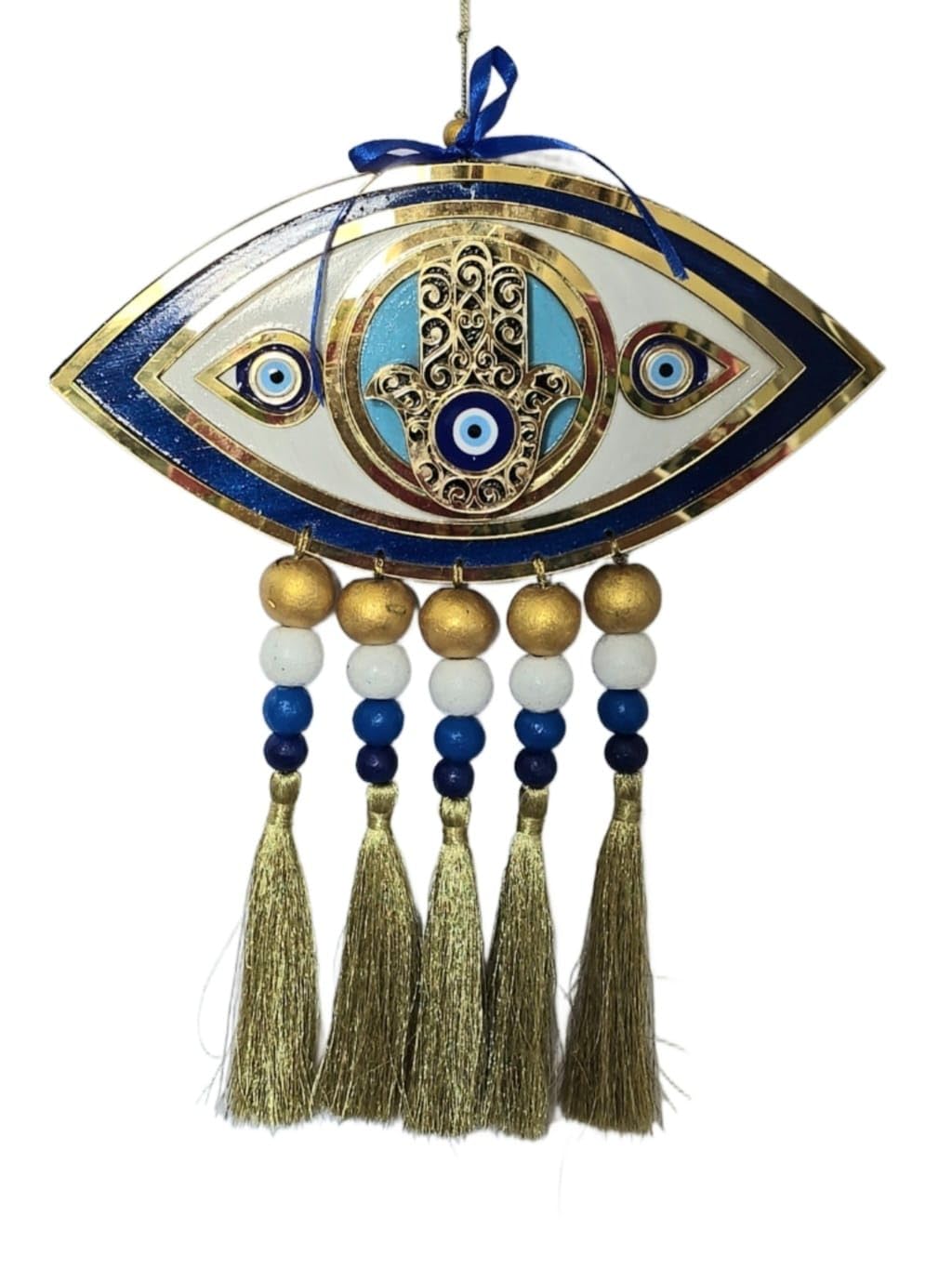 Blue Eye Blessings Hamsa Hand Evil Eye Wall Hanging – Eye-Shaped Nazar Decor with Tassels & Beads | Handcrafted Vastu & Feng Shui Protection Charm for Home, Office & Gifting - Image 2