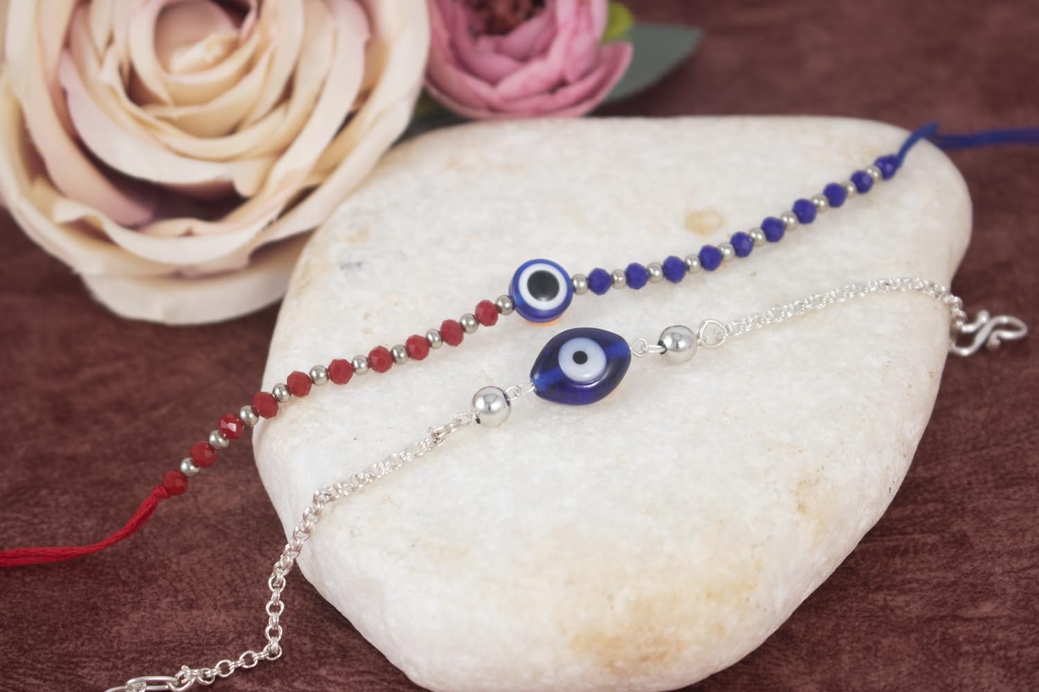 JFL - Jewellery for Less Combo of Handcrafted Evil Eye Unisex Rakhi with Silver and Blue Beaded Design for Bhaiya Bhabhi with Roli Chawal and Written Greeting Note. - Image 4