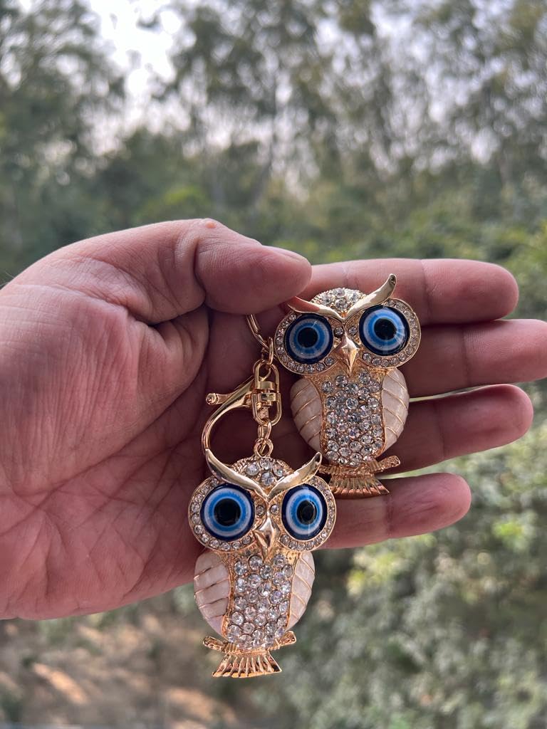 BLUE BEADS Combo Gold with Evil Eye Crystal Rhinestone Sparkling Owl Fridge Magnet and Keychain Handbag Charm For Women (White) - Image 6