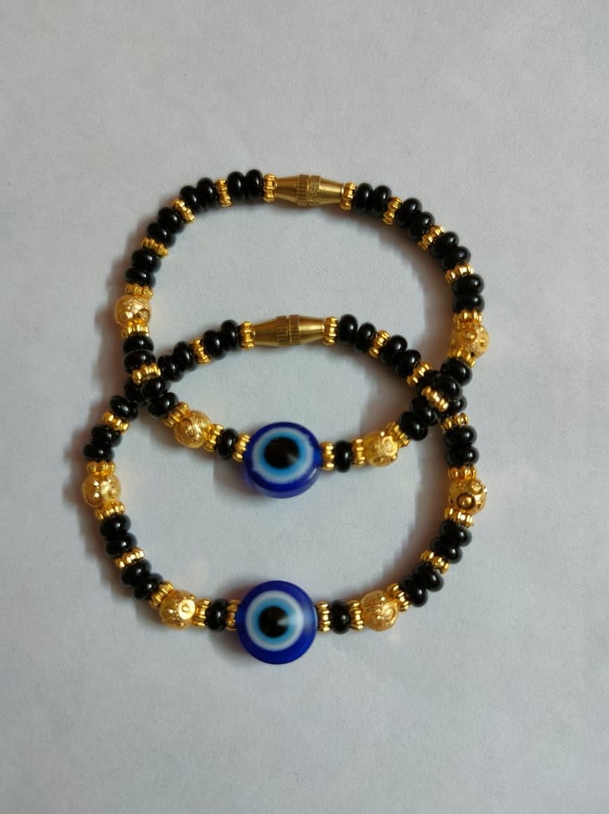 Evil Eye Baby Bracelet Set, Black Beads with Blue Nazariya, Gold and Silver Finish, Pack of 2 | 1 PAIR OF ANKLETS - Image 2