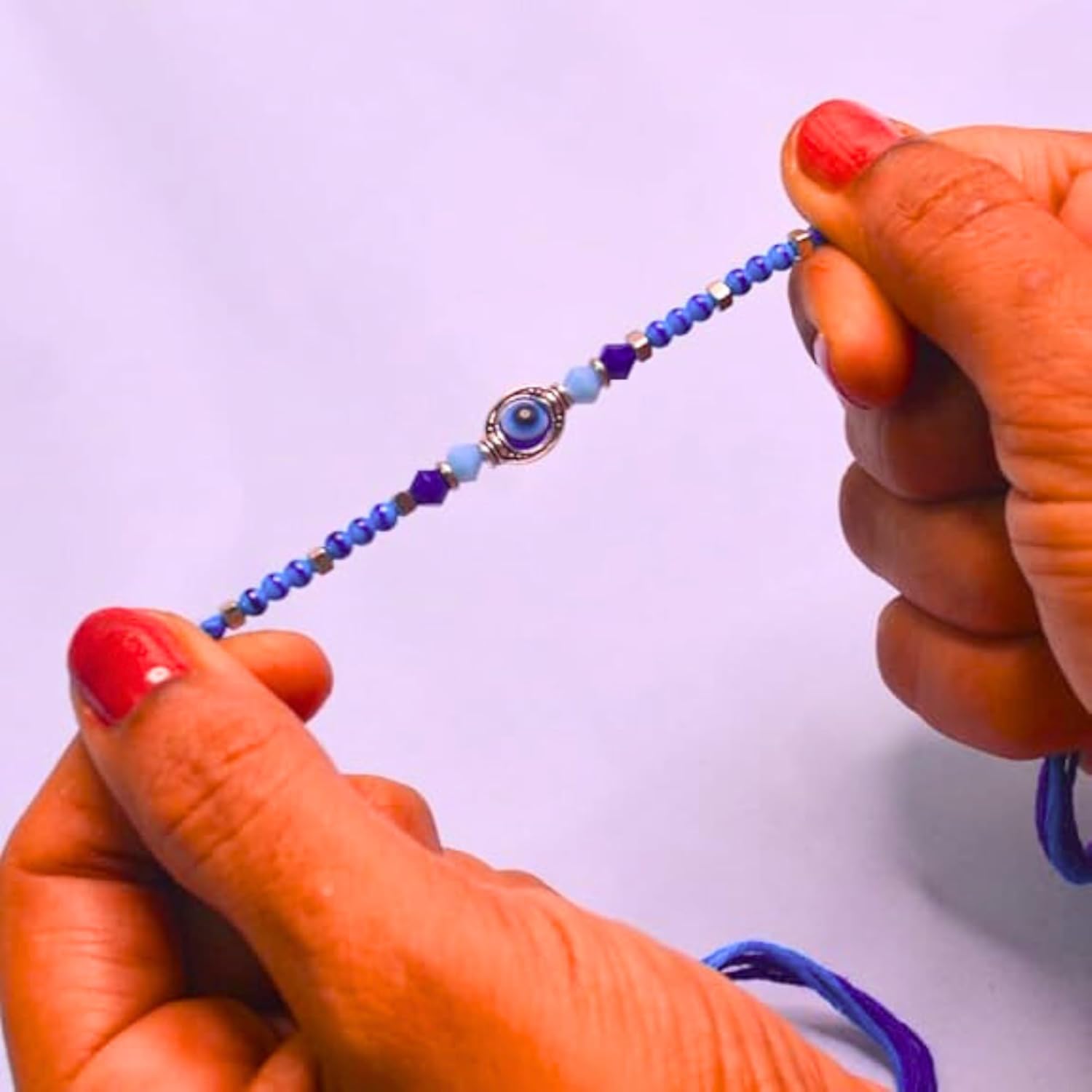 santarms Evil Eye Rakhi with Roli Chawal Vials – Blue Nazar Battu Rakhi for Boys, Men, Brother – Stylish Beaded Thread Bracelet for Raksha Bandhan - Set of 2 - Image 3
