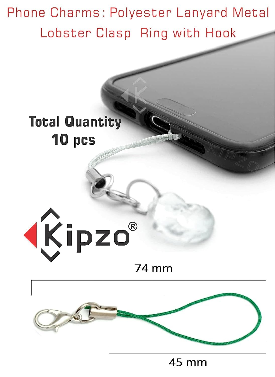 KIPZO® Durable Green Pack of 10 pcs Phone Strap Charm lobster clasp for cell phone Cover keyring Pendrive Badge Holders Charm DIY Jewellery straps thread Ring with Hook smart round case pouch - Image 3