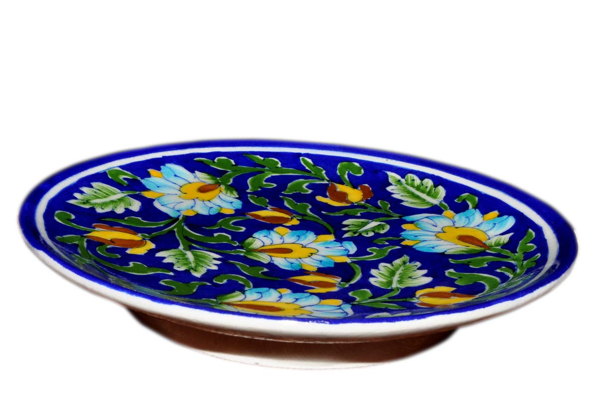 Shiv KRIPA Blue Art Pottery Ceramic Wall Hanging Handmade 7 Inch Round Plate (Blue & Multi) - Image 3