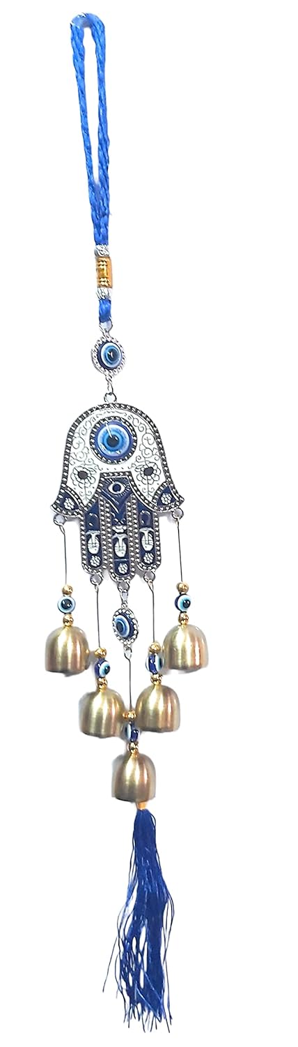 Goodmarts Blue Turkish Evil Eye Hanging for Home Entrance Wall, Door, Car Protection, Prosperity, Charm & Luck, Evil Eye Charm Set of 1 Gift Item 20 cm. (Hamsa with Bell) - Image 2