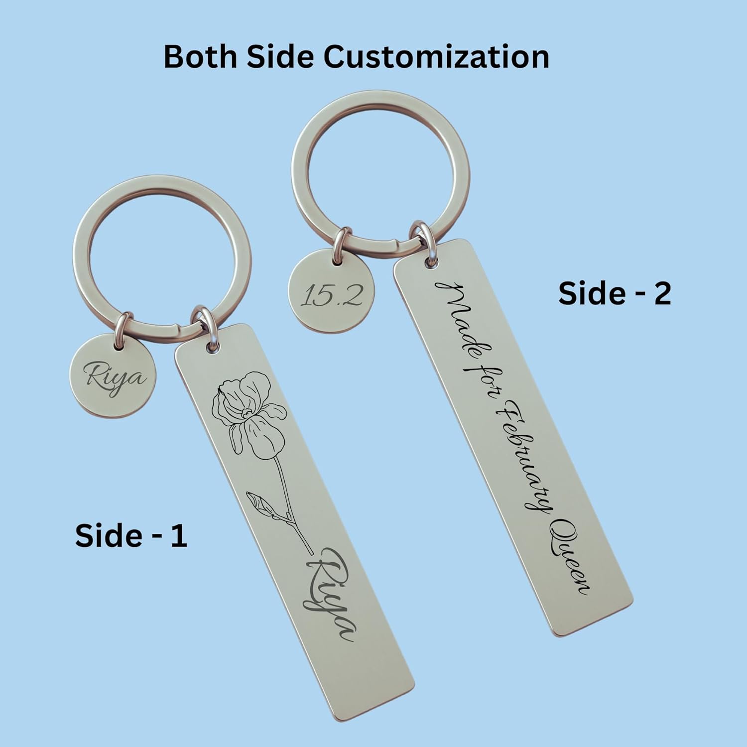 Pijera Personalized Double-Sided Stainless Steel Keychain, Custom Name and Birth Flower Engraving, Initial Charm, Silver - Image 5