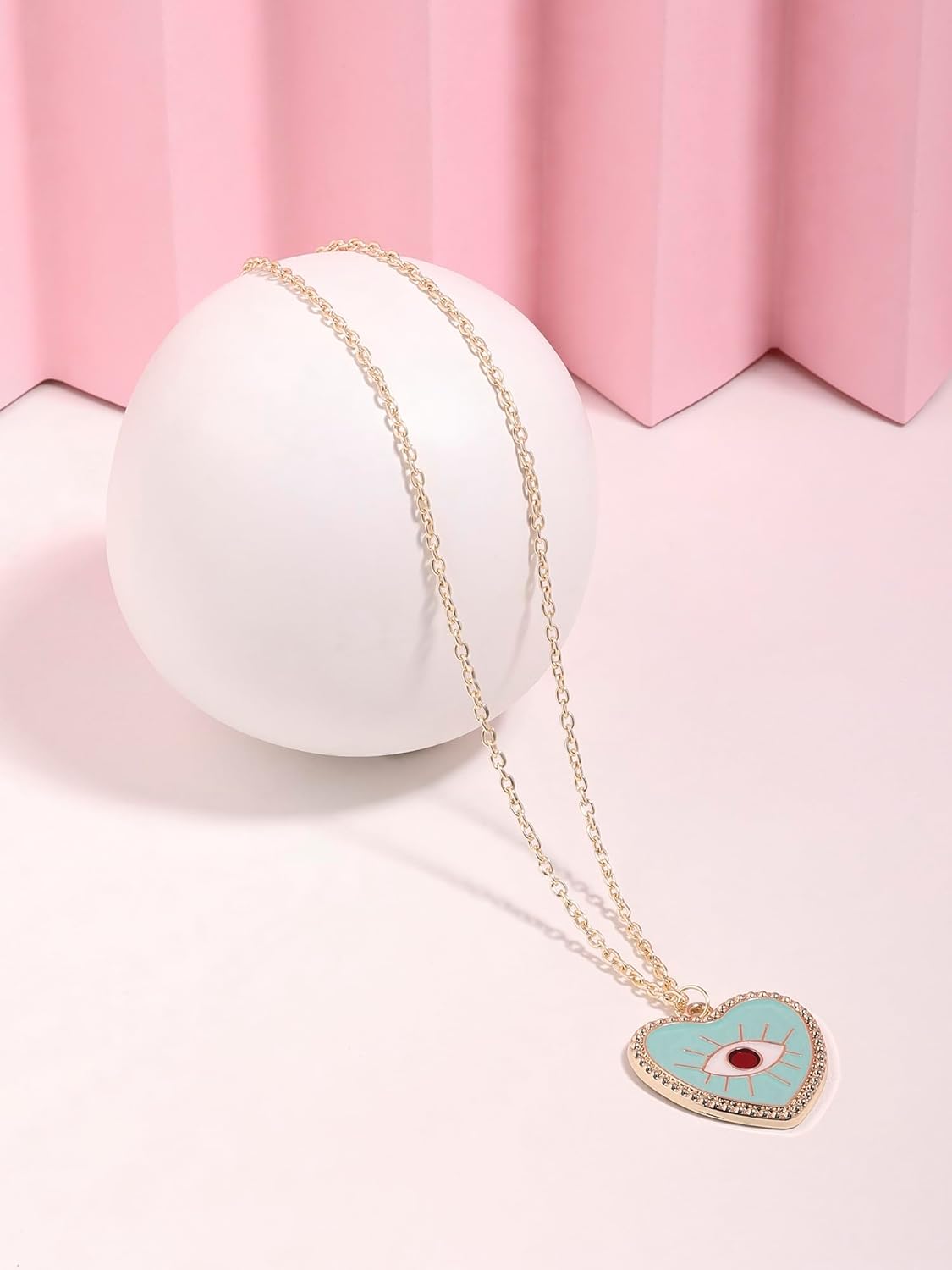 ZAVERI PEARLS Mint Green & Red Enamelled Evil Eye Heart Shape Contemporary Pendant & Chain For Women-ZPFK16780 - Image 3