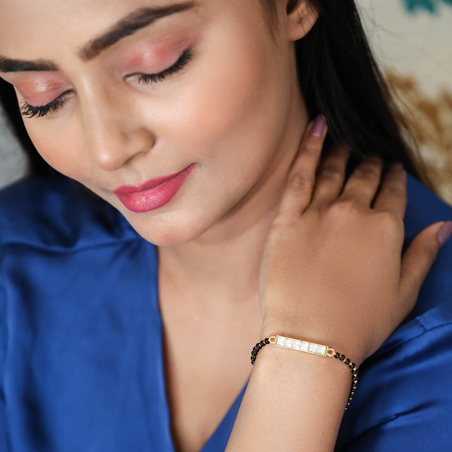 Unniyarcha Silver Zircon 6 Stone Luck Bracelet for Women, Sterling Silver Jewellery with Certificate of Authenticity & 92.5 Stamp, Oxidised Bracelet (Mangalsutra) - Image 3