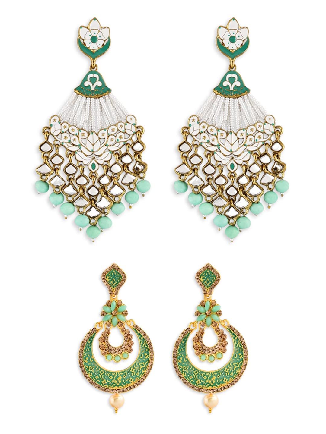 ZAVERI PEARLS Green Golden Non Precious Metal Dangler Earrings for Women (ZPFK9033) - Image 2