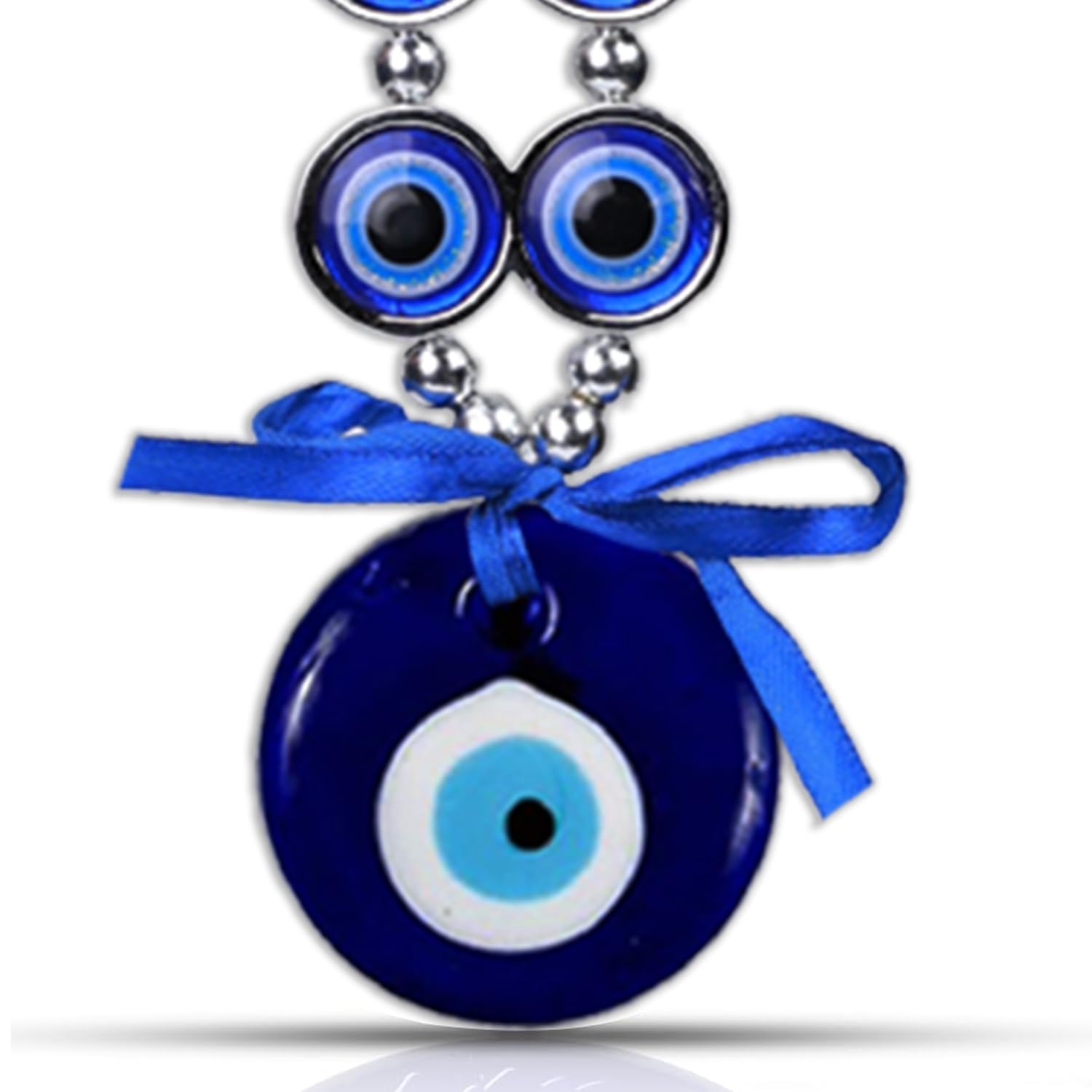 Turkish Evil Eye Wall Hanging, Blue Glass Beaded Amulet with Silver Chain and Bow, Home Protection Decor - Image 9