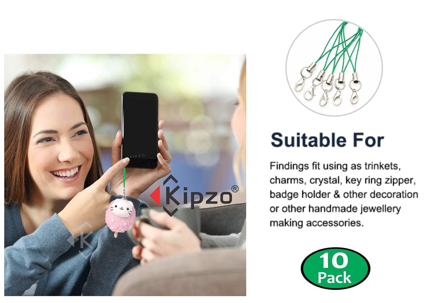 KIPZO® Durable Green Pack of 10 pcs Phone Strap Charm lobster clasp for cell phone Cover keyring Pendrive Badge Holders Charm DIY Jewellery straps thread Ring with Hook smart round case pouch - Image 7
