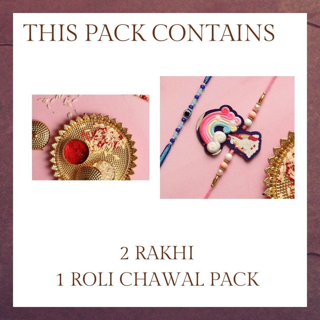 PURESTORY Set of 2 Unicorn & Evil Eye Kids Rakhi with Roli Chawal | Rakhi for Girls & Boys | Adjustable Designer Rakhis Bracelet | Raksha Bandhan Gift Combo for Children - Image 5