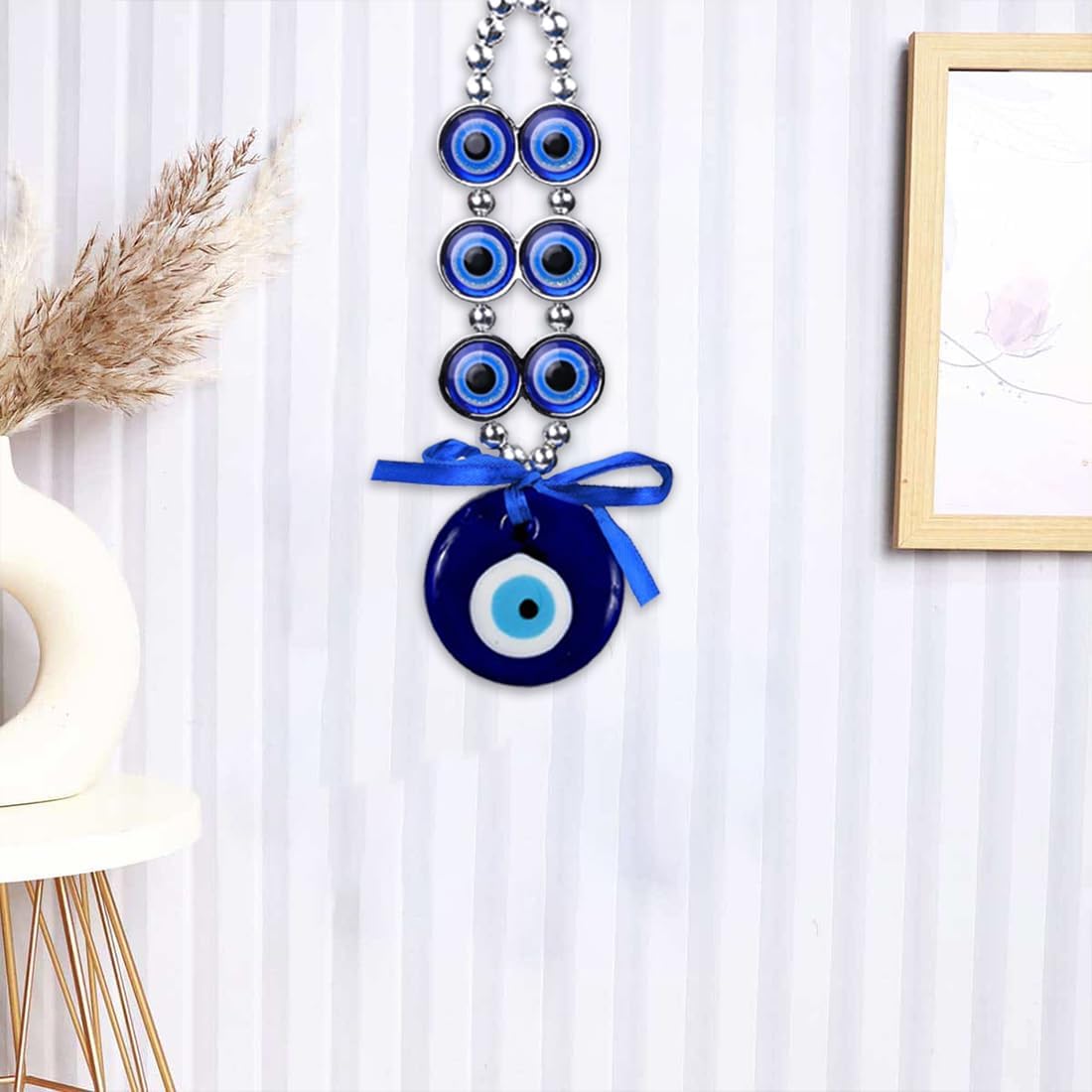 Turkish Evil Eye Wall Hanging, Blue Glass Beaded Amulet with Silver Chain and Bow, Home Protection Decor - Image 8