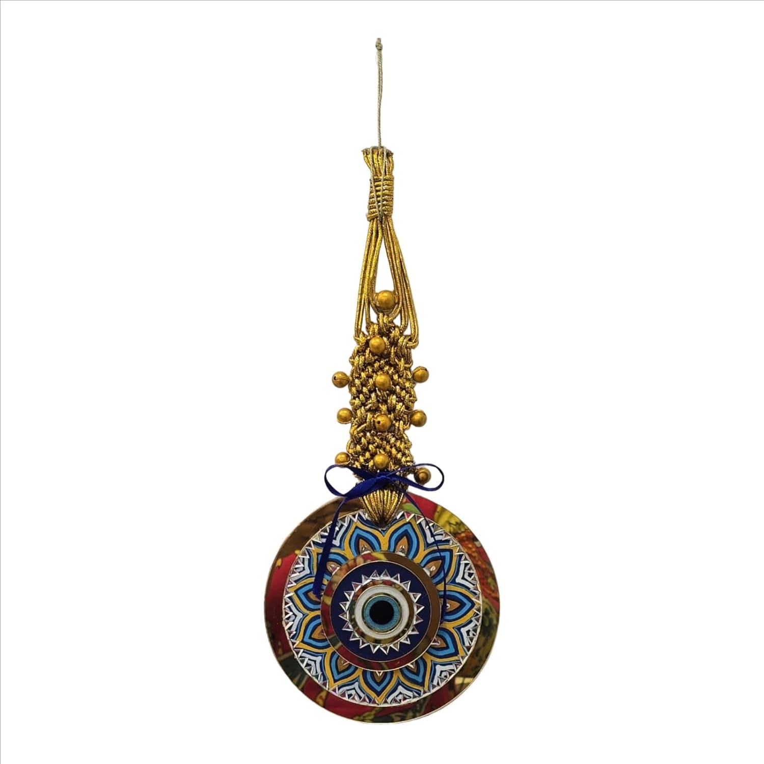 Blue Eye Blessings Mandala Evil Eye Wall Hanging with Golden Macrame Top | Handcrafted Boho Protection Decor for Home and Gifts - Image 2