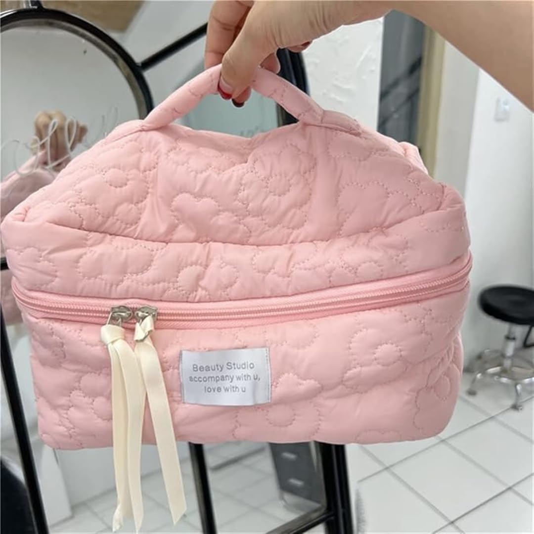 Sprqcart Quilted Cotton Makeup Bag for Women – Large Capacity Travel Cosmetic Organizer with Zipper – Cute Floral Toiletry Pouch – Handheld Portable Multifunctional Storage Purse - Image 9