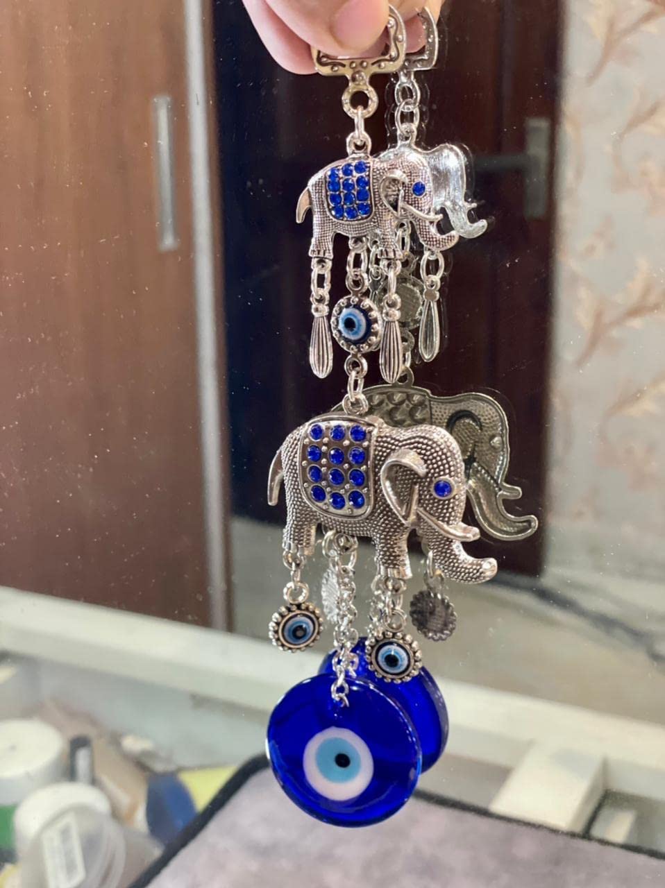 BLUE BEADS Home & Decor Evil Eye Hanging with Double Elephant Pendant Decoration Hanging Ornament Amulet for Car, Home and Office - Image 3